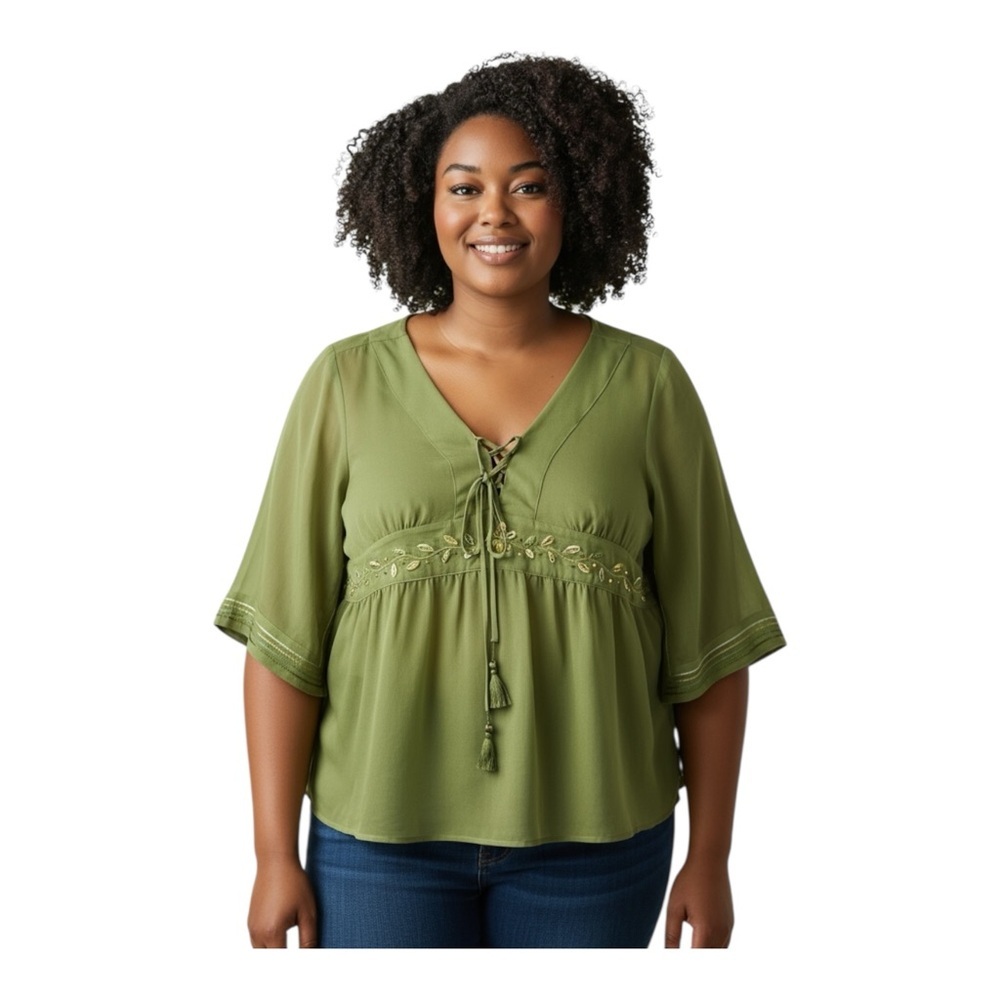 Lane Bryant Top, V-Neck, Tassel Tie, 3/4 Sleeves, Side Zip, Green, Size‎ 14/16